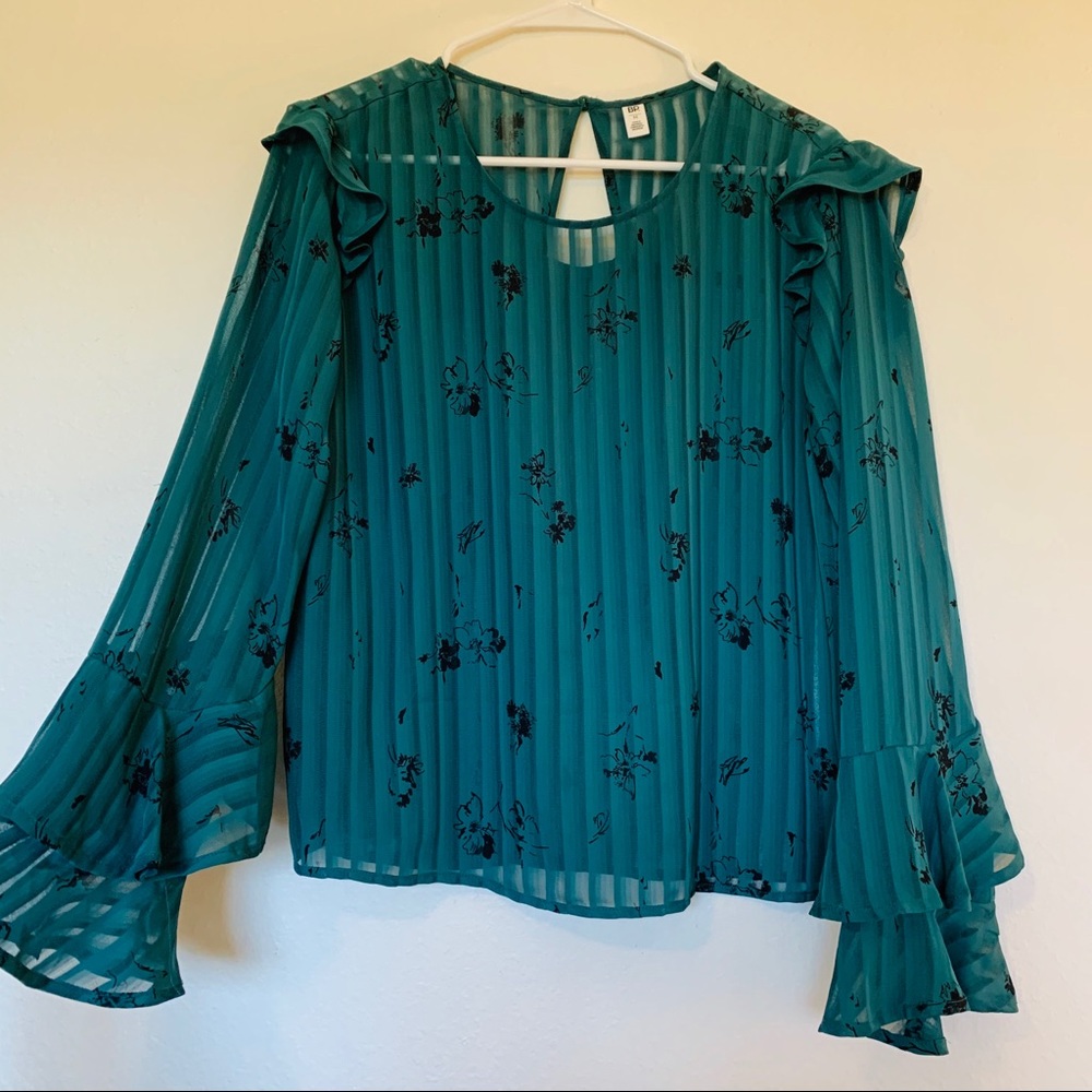 BP. Sheer Black Rose & Teal Dress Top with Ruffles